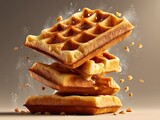 Delicious stack of golden waffles with syrup and toppings against a neutral background
