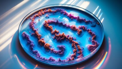 Poster - a vibrant petri dish with a mesmerizing swirling pattern in a bright laboratory setting. A captivating display of scientific exploration and discovery.