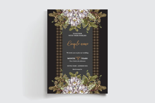WEDDING INVITATION FRAME WITH FLOWER DECORATIONS AND FRESH LEAVES