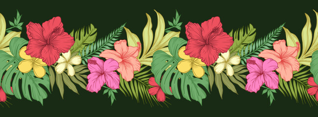 Wall Mural - lush floral border with tropical flowers, branches and leaves. seamless horizontal color background 
