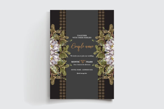 WEDDING INVITATION FRAME WITH FLOWER DECORATIONS AND FRESH LEAVES
