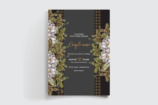 WEDDING INVITATION FRAME WITH FLOWER DECORATIONS AND FRESH LEAVES