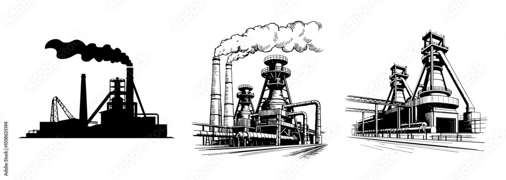 set of steel mill factory , industrial plant vector illustrations ...