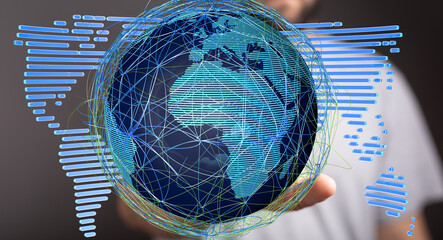 Poster - hand holding a digital globe, showcasing global connectivity and networking.