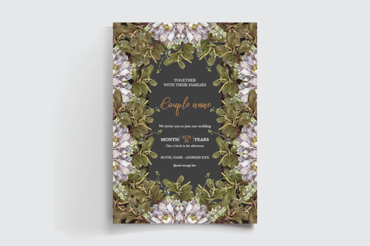 WEDDING INVITATION FRAME WITH FLOWER DECORATIONS AND FRESH LEAVES