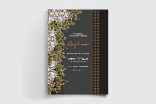 WEDDING INVITATION FRAME WITH FLOWER DECORATIONS AND FRESH LEAVES