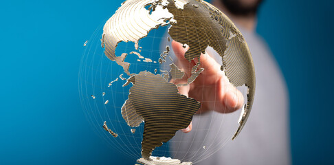 Poster - Abstract image of a hand interacting with a digital globe, representing global connectivity and networking.