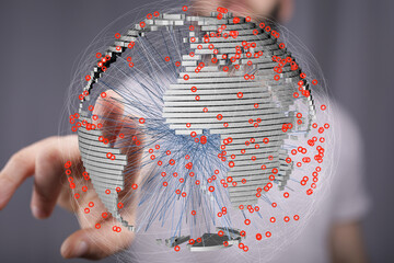 Leinwandbilder - Hand interacting with a 3D digital globe showing interconnected data points.  Illustrates global communication and networking.