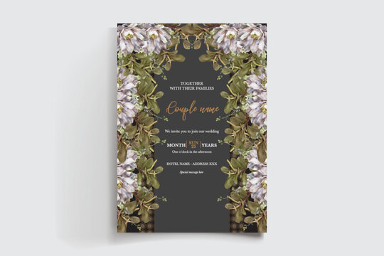 WEDDING INVITATION FRAME WITH FLOWER DECORATIONS AND FRESH LEAVES