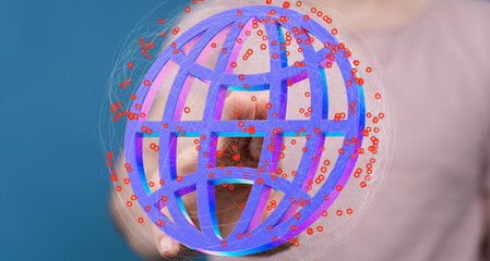 Poster - Abstract image of a hand holding a digital globe, representing global connections and networking.