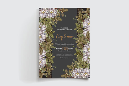 WEDDING INVITATION FRAME WITH FLOWER DECORATIONS AND FRESH LEAVES