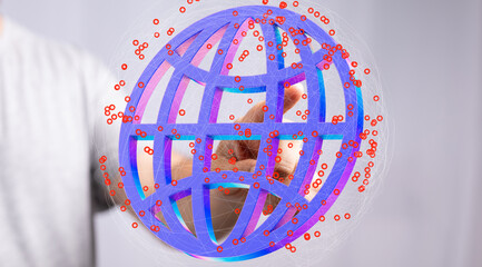 Poster - person interacts with a 3d digital globe, representing global network connections and data flow.