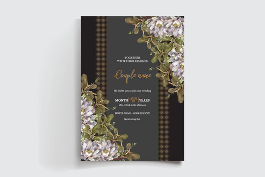 WEDDING INVITATION FRAME WITH FLOWER DECORATIONS AND FRESH LEAVES