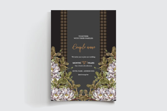 WEDDING INVITATION FRAME WITH FLOWER DECORATIONS AND FRESH LEAVES
