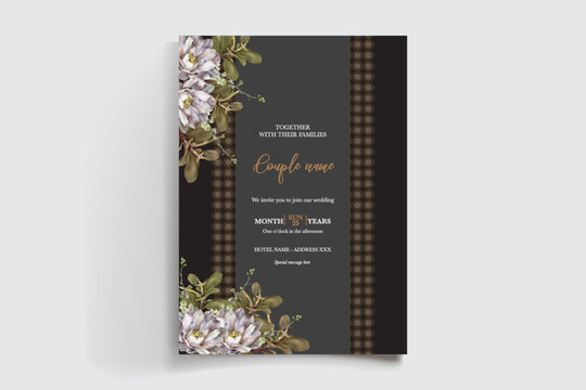 WEDDING INVITATION FRAME WITH FLOWER DECORATIONS AND FRESH LEAVES