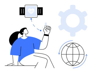 Poster - woman raising finger toward wearable health tracker, beside global connectivity and gear symbols. id