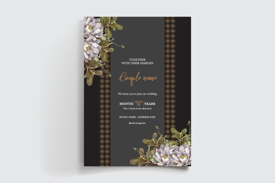 WEDDING INVITATION FRAME WITH FLOWER DECORATIONS AND FRESH LEAVES