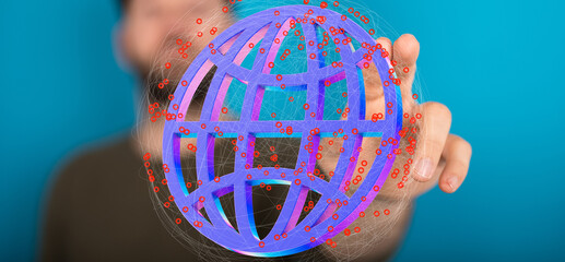 Poster - person interacts with a digital globe, symbolizing global networking, connectivity, and technology.