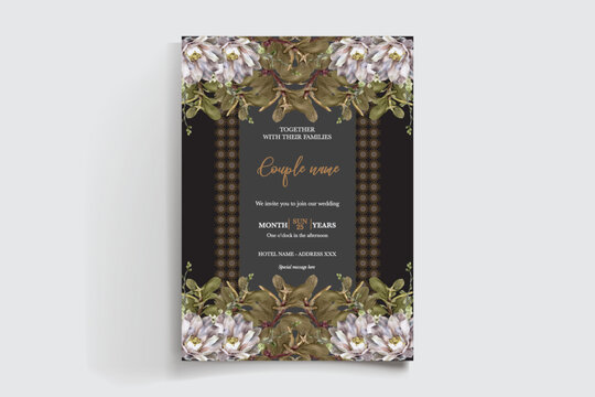 WEDDING INVITATION FRAME WITH FLOWER DECORATIONS AND FRESH LEAVES