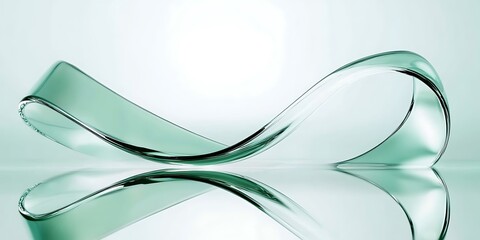Poster - 
A curved glass ribbon and reflective water surface effects. A minimalist abstract light green background. Abstract glass waves in green turquoise tones on a white ..

