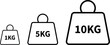 © Mon Amour - Weight with kilogram label icon set. Iron dumbbell symbol isolated on transparent background. Metal weight of heavy mass sign collection. Different KG measurement vector signs.