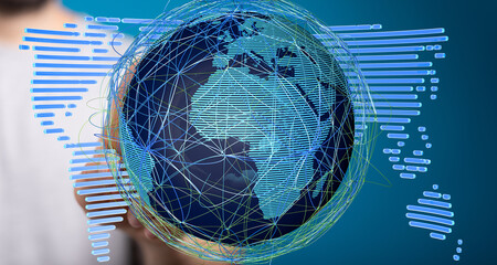 Poster - Person holding a digital globe, illustrating global connectivity and data flow.