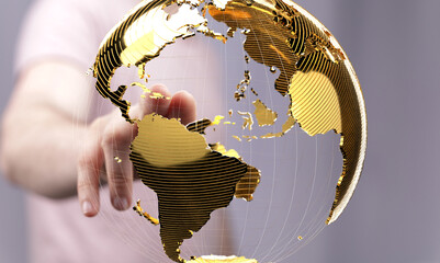 Fototapete - A hand interacts with a golden 3D globe, representing global connection and technology.
