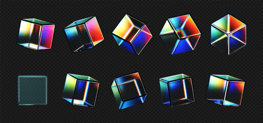 Wall Mural - 3D crystal glass cubes set with refraction and iridescent effects isolated on dark background. Render transparent rotating glass box with neon dispersion light and rainbow gradient. 3d vector figure