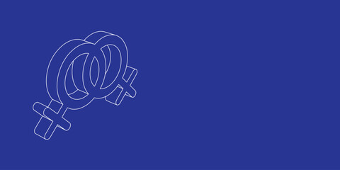 Poster - The outline of a large lesbian symbol made of white lines on the left. 3D view of the object in perspective. Vector illustration on indigo background