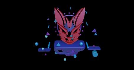 Poster - Red hare's head symbol on a pedestal of abstract geometric shapes floating in the air. Abstract concept art with flying shapes in the center. 3d illustration on black background
