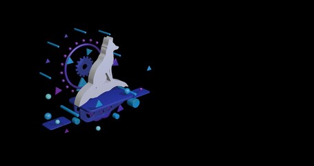Poster - White fox symbol on a pedestal of abstract geometric shapes floating in the air. Abstract concept art with flying shapes on the left. 3d illustration on black background