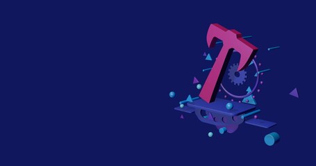 Poster - Pink axe symbol on a pedestal of abstract geometric shapes floating in the air. Abstract concept art with flying shapes on the right. 3d illustration on indigo background