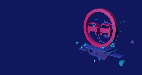Poster - Pink no overtaking sign on a pedestal of abstract geometric shapes floating in the air. Abstract concept art with flying shapes on the right. 3d illustration on indigo background