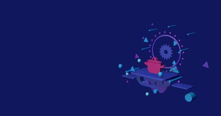 Poster - Pink pot symbol on a pedestal of abstract geometric shapes floating in the air. Abstract concept art with flying shapes on the right. 3d illustration on indigo background