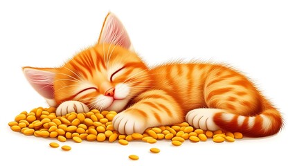  adorable clipart of a sleepy kitten eating wet food mid-meal closed eyes cartoon feel white background