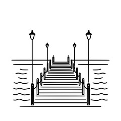 Poster - Simple linear outline of a dock with lampposts by the water  