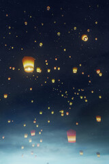 Wall Mural - sky lanterns flying in the starry night sky, 3d illustration