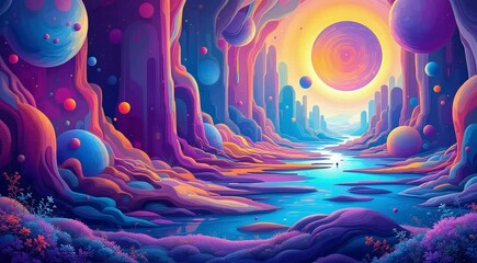 Wall Mural - Vibrant alien planet river landscape fantasy art
