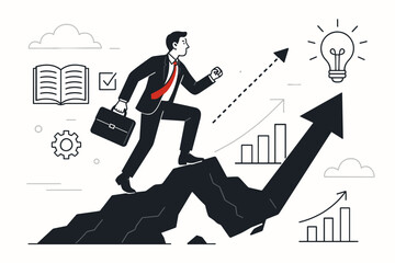 Poster - Businessman climbing upward growth arrow chart. Success achievement progress concept. Career advancement leadership innovation. Financial performance increase trend vector