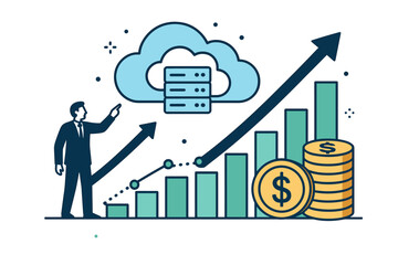 Poster - Cloud computing business growth revenue success. Digital technology profit increase chart analytics. Data storage server expansion financial performance scalability concept