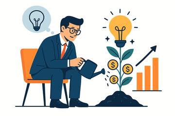 Poster - Innovation business growth metaphor businessman nurturing lightbulb plant with dollar coins. Investment idea development concept. Creative entrepreneurship strategy profit success finance