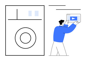 Poster - person holding a tablet with a video play button, standing beside abstract appliance elements. ideal