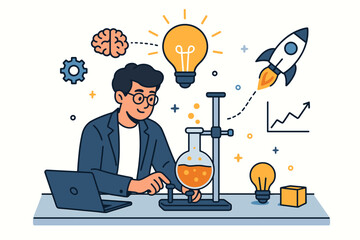 Aufkleber - Creative entrepreneur innovation concept businessman scientist laboratory experiment research technology startup idea light bulb brain thinking rocket launch growth success development chemistry