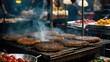 © Lasvu - Cooking cutlet with smoke on grill at market stall