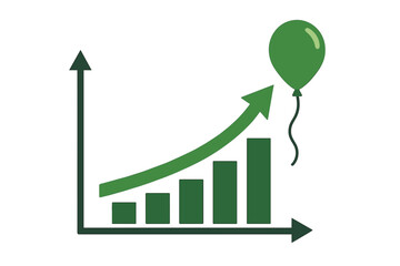 Poster - Green business growth chart with upward arrow and floating balloon. Financial success concept. Market progress statistics visualization. Economic performance analytics achievement symbol