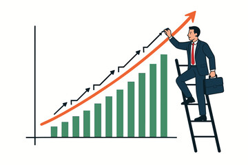 Poster - Businessman climbing ladder to success with growing bar chart and upward trend arrow. Career advancement achievement concept. Business growth financial progress visualization metaphor