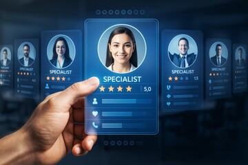 Poster - Businessman's hand selecting top-rated specialist from digital profile interface on abstract background with light blue futuristic business UI panels.