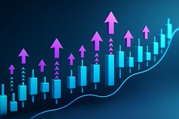 Poster - Abstract financial growth chart with blue candlesticks and purple arrows on a dark background showing increasing business success and progress.