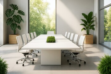 Aufkleber - Modern business meeting room with white chairs and minimalist table in bright office space with green plants and large windows. Ai generative.