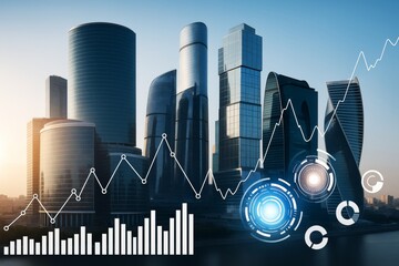 Poster - Futuristic city skyline with financial growth chart and digital interface elements in sunlight, symbolizing economic progress and business innovation.